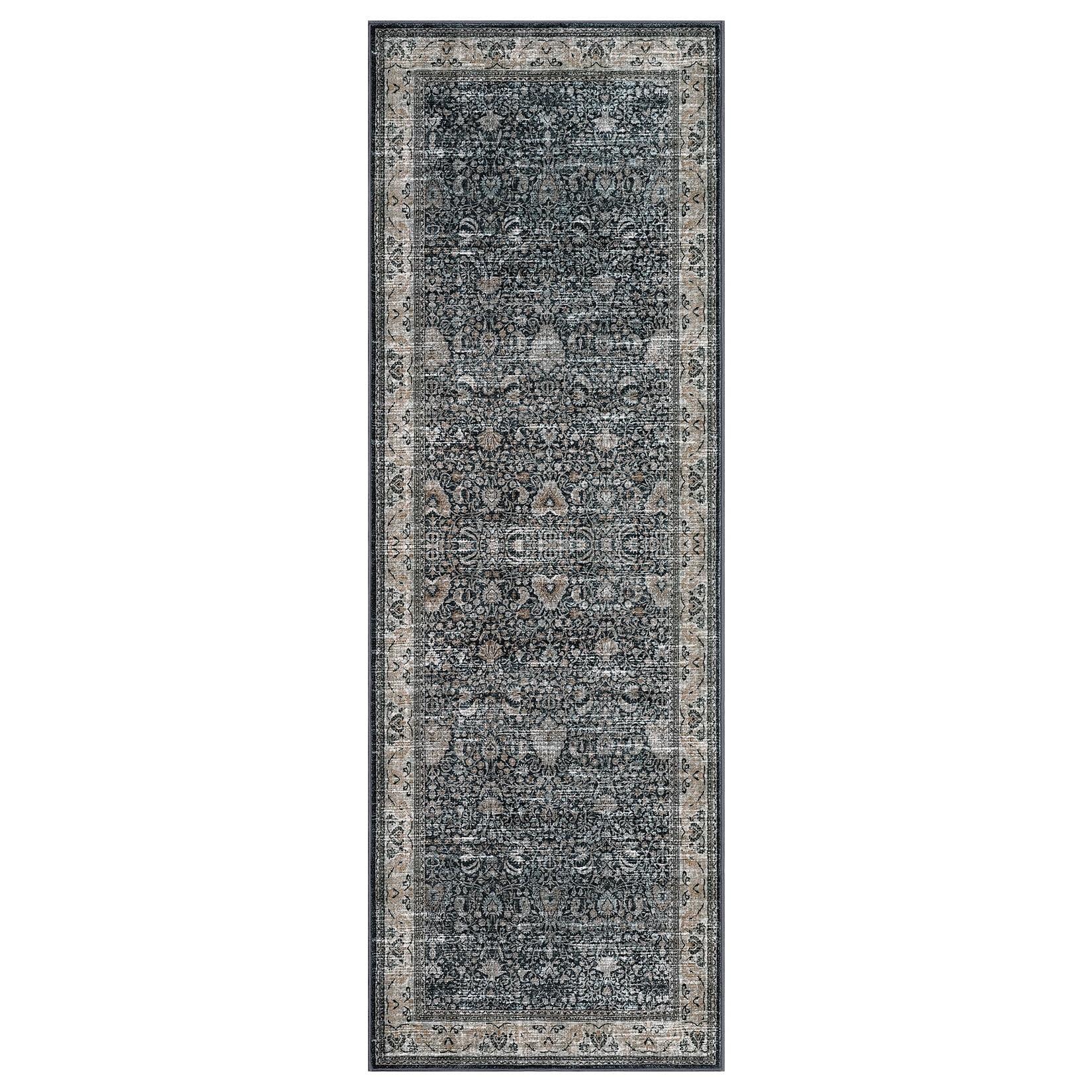 Washable Runner Rugs, Black 2'X6' Antique Distressed Long Rug, Modern Non Slip Stain Resistant Vintage Print Accent Carpet Floor Mat for Living Room Bedroom Dining Office Farmhouse Hallway Entryway