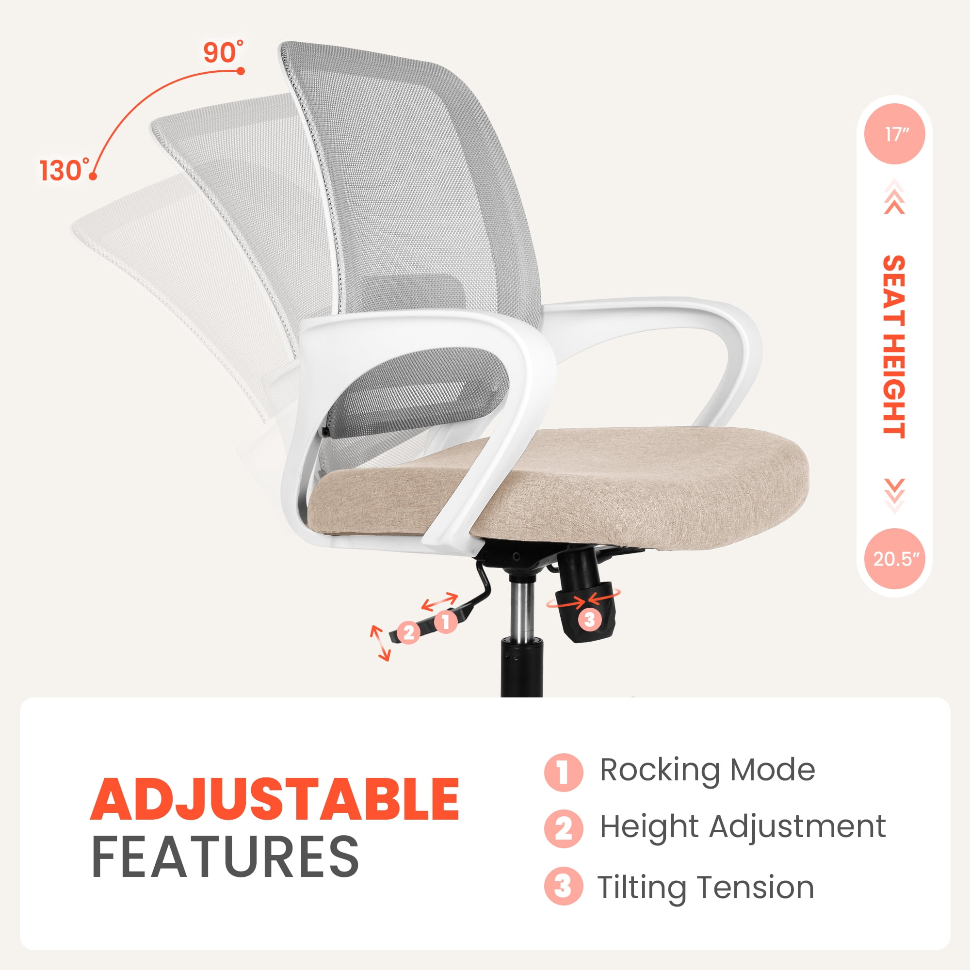 NEO Chair Office Desk Ergonomic Mesh Computer Chair with Lumbar Support Adjustable Height Swivel Rolling Wheels Comfy Mid Back Task Chair for Home Bedroom Vanity Study (Beige)