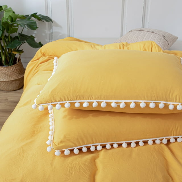 Move Over Yellow Pillowcases Queen, Boho Pillow Cover Set of 2, Washed Microfiber White Pom Fringe Pattern, 3 Pack