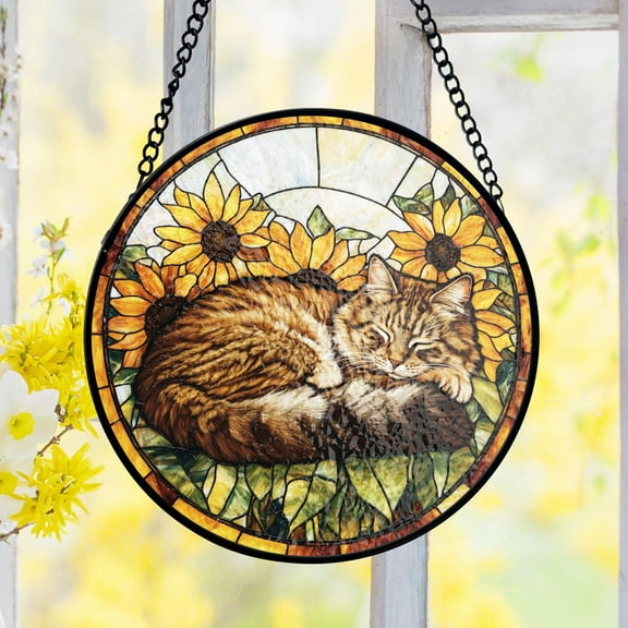 Cat Stained Glass Suncatcher, Sleeping Tabby Art, Sunflower Window Decor, Botanical Style, Glass Ornament, Cat Lover Gift Idea