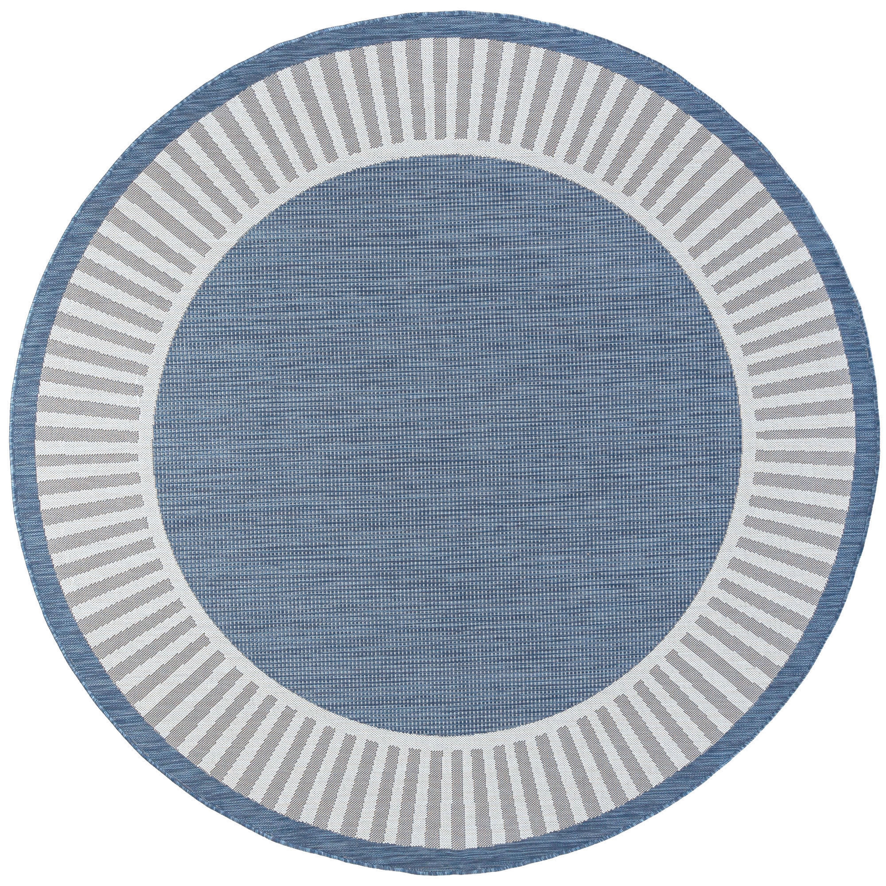 6ft Round Water Resistant, Indoor Outdoor Rugs for Patios, Front Door Entry, Entryway, Deck, Porch, Balcony | Outside Area Rug for Patio | Blue, Striped Border | Size: 5'3'' Round