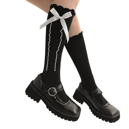 

Women Lolita Gothic Cotton Calf Socks Harajuku Ruffled Trim Sweet Ribbon Bowknot Wavy Striped Kawaii Jacquard Lace Mid Tube Stockings