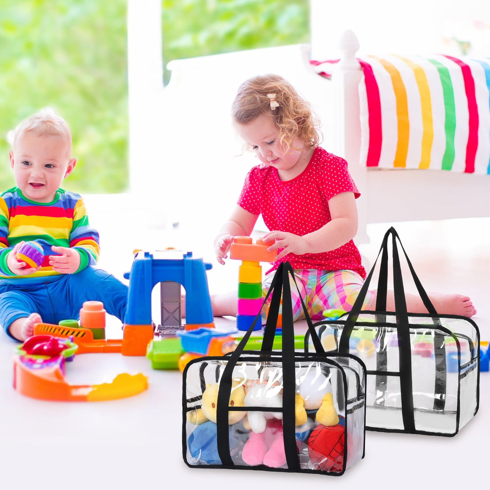 FKSZLL 2Pcs Toy Storage Bags PVC Clear Organizer Bags with Zipper and Handles for Building Block Puzzle Book Board Game Portable Cosmetic Bag for Home and Traveling