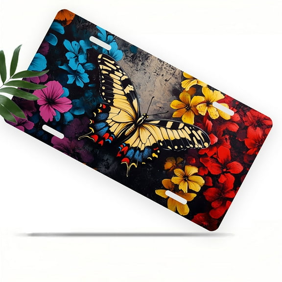 License Plate, Butterfly among Vivid Flowers Decorative Front,Personalized Stainless Steel License Plate Cover For Men Women,12.2" X 6.2"