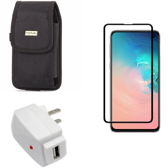 Galaxy S10e Home Charger w Case Belt Clip w Screen Protector - USB Power Adapter, Rugged Holster Canvas, Tempered Glass 5D Curved Edge for Samsung Galaxy S10e Phone