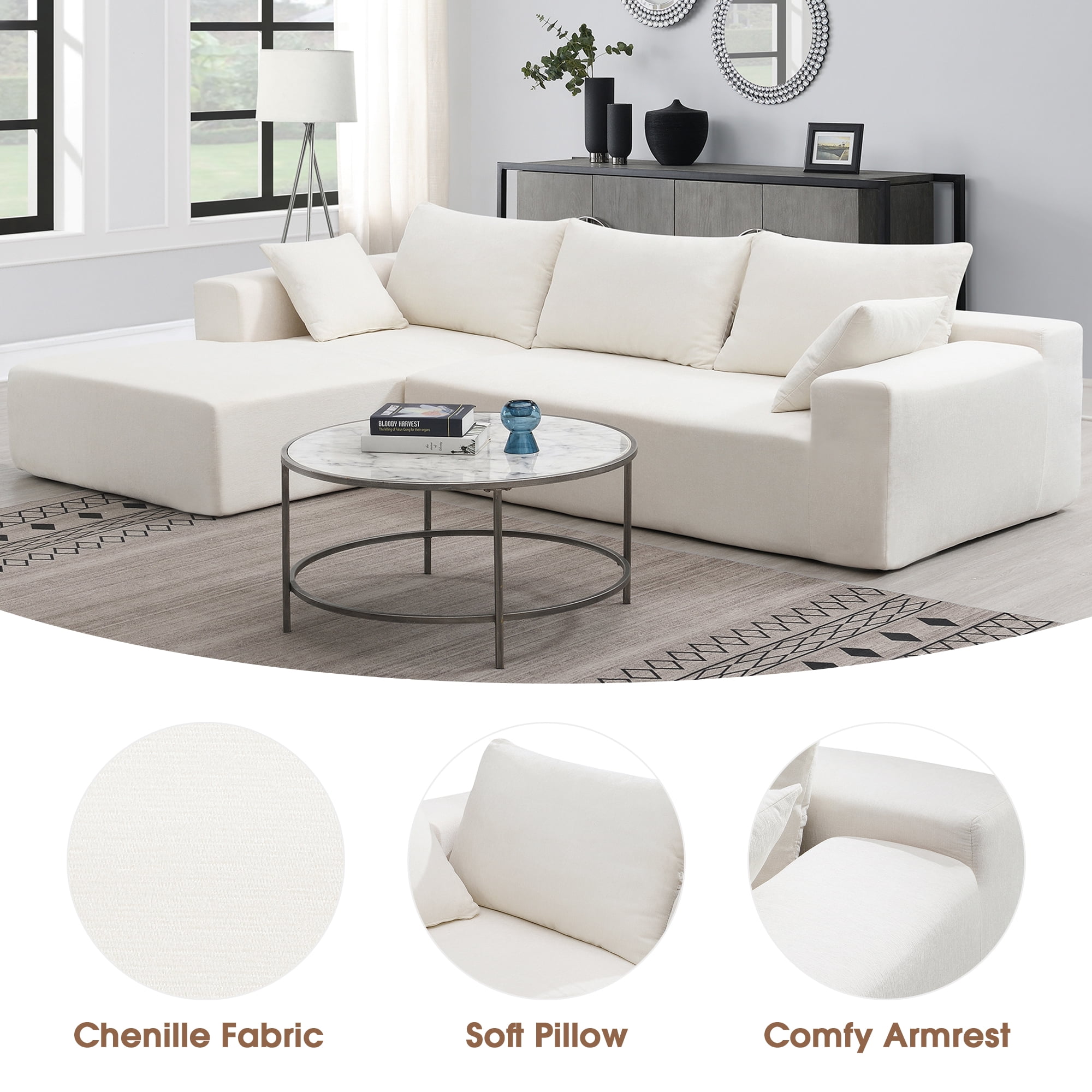 DEALTOPS Modern L-Shape Convertible Sectional Sleeper Sofa Bed Set - Upholstered Modular Sofa Couch for Living Room - White