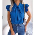 thumbnail image 3 of Blusas de gasa con cuello de pajarita de verano para mujer, camisas de manga con volantes elegantes de Color puro adelgazantes con cordones para mujer, azul M, 3 of 8