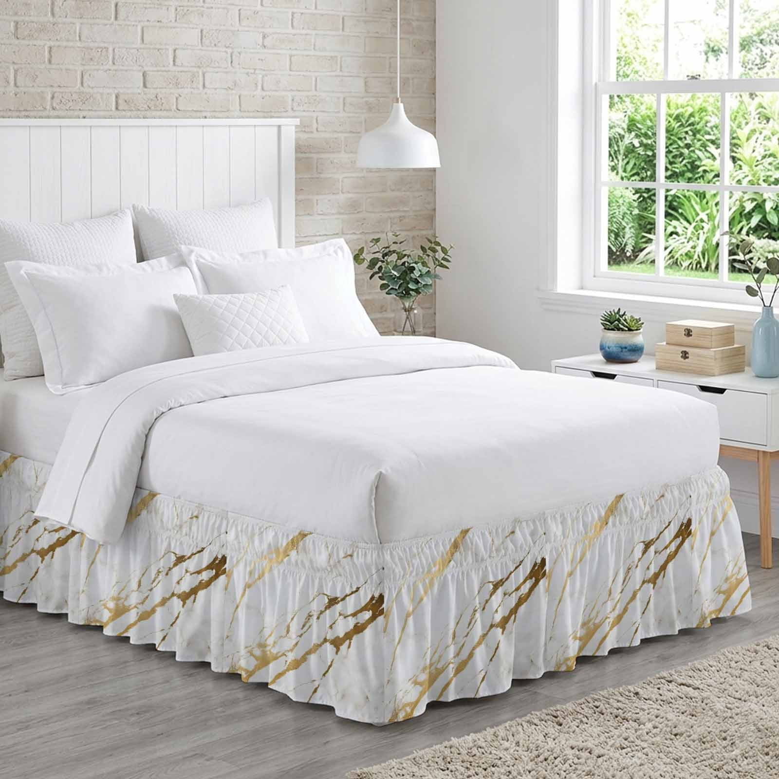 White Gold Modern Bed Skirt Queen Size, Abstract Vintage Marble Geometric Wrap Around Bed Skirting with Adjustable Elastic Strap, Dust Ruffle Pleated Bedskirts 18 Inch Drop for Bedroom Queen Beds