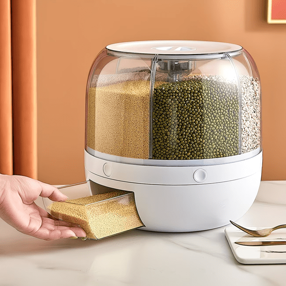 6-Grid 360° Rotating Grain Storage Container Dispenser – One-Click Rice, Beans & Cereal Organizer, BPA-Free Kitchen Food Bin