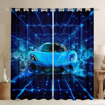 Feelyou 3D Sport Race Car Curtains Pack of 2 (42x84 Each) for Boy, Neon Blue Racing Car Curtains Blackout, Futuristic Square Stripes Bedroom Curtains, Black Out Curtains Decor