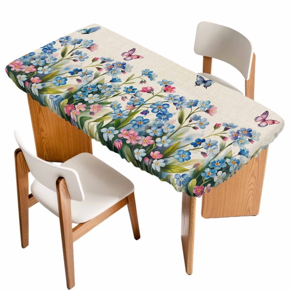 Blue Spring Floral Table Cloths for 6 Foot Rectangle Tables, Pink Flowers Butterfly Rustic Patio Waterproof Elastic Fitted Tablecloths, Washable Rectangular Table Cover for Camping