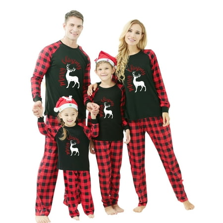 

Thaisu Christmas Pajamas for Family Matching PJ s Sets with Elk Long Sleeve Tee and Plaid Pants Soft Loungewear