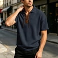 thumbnail image 2 of FINALGANG Mens Solid Color Polo Neck Short Sleeve Waffle Knit Lace Up TShirt For Casual Daily Wear Bohemian Style Outings Themed Party Activities Navy XXL, 2 of 8
