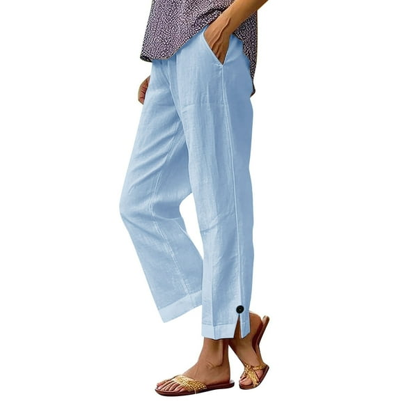 Lenpel Women's Casual Pants Elastic High Waisted Side Split Straight Leg Pull on Trousers Loose Summer Pants with Pockets