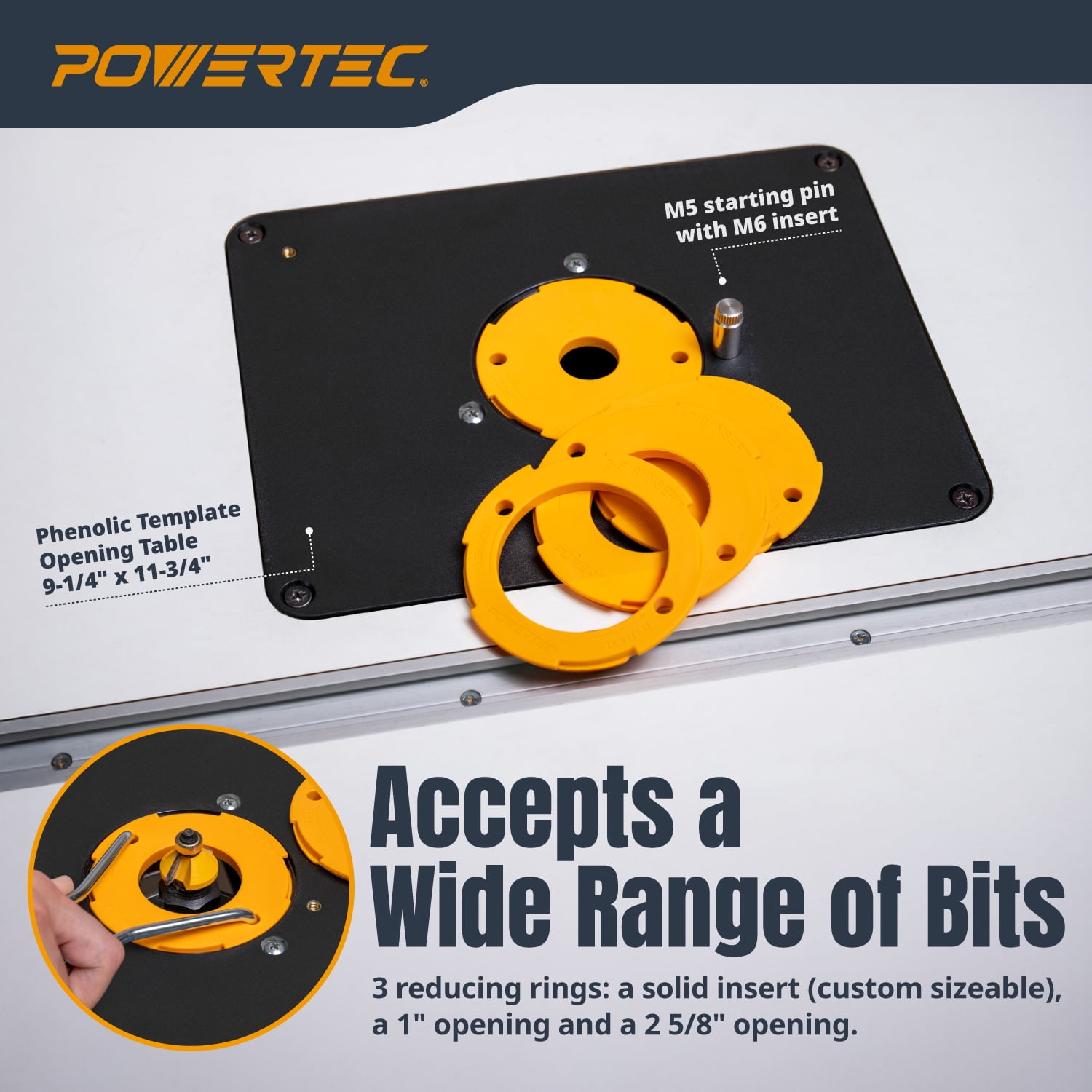 POWERTEC 24" x 32" Benchtop Router Table with Insert Plate – Laminated MDF Surface, Reducer Rings, Leveling Hardware & Starting Pin; Compatible with Bosch, DeWalt, Makita & More (71685)