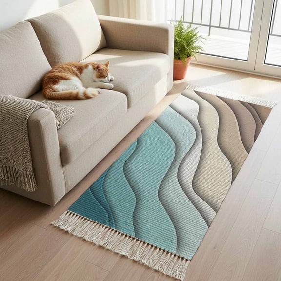 Teal Blue Ombre Cream Kitchen Runner Rug 2'x4', Modern Geometric Brown Aesthetic Washable Rug with Tassels, Non Slip Woven Cotton Bathroom Rugs Hallway Carpet for Foyer Bedroom Entry Back Door Decor