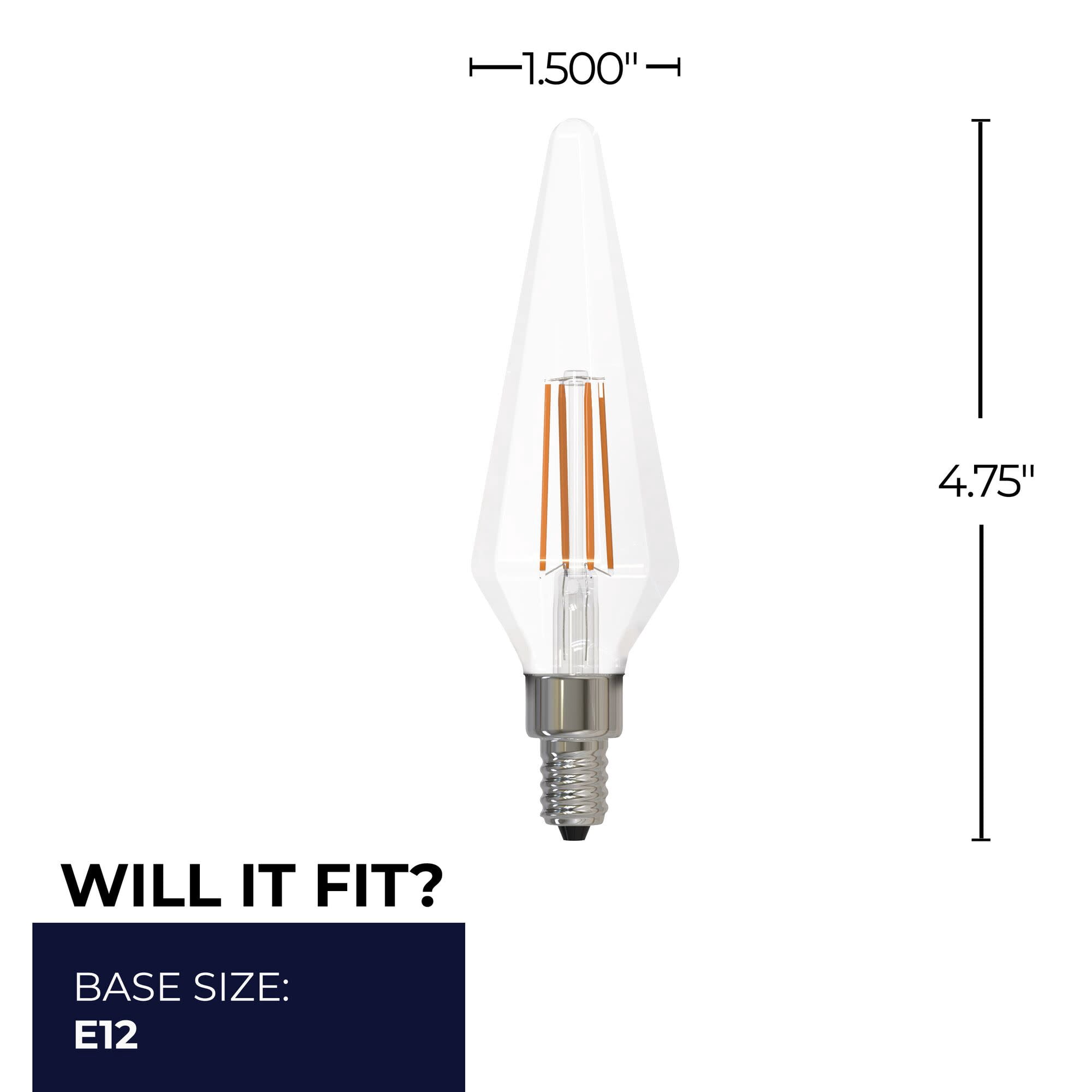 Bulbrite 862861 3000K 350 Lumen 4 watt LED Filament Dimmable Prism Light Bulbs with a Clear & Candelabra E12 Base, Soft White - Pack of 4
