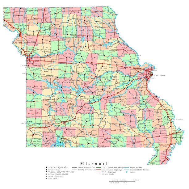 Laminated Map Large Detailed Roads And Highways Map Of Missouri State