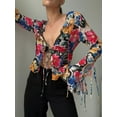 thumbnail image 2 of Coduop Women Tie Up Open Front Button Front Bell Long Sleeve Crop Top Shirt Top, 2 of 6