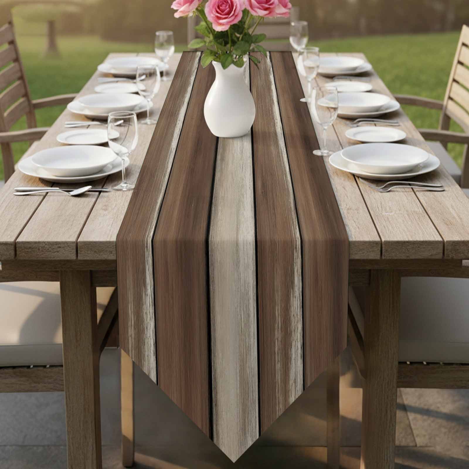 Table Runners 72 Inches Long, Brown Beige Wooden Cotton Linen Kitchen Dining Coffee Table Runner for Party Home Decor, Vintage Farmhouse Retro Art Tabletop Dresser Scarves Runner Decor 16x72 Inch