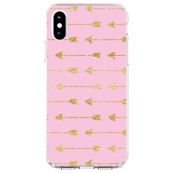 DistinctInk Clear Shockproof Hybrid Case for iPhone XR (6.1" Screen) - TPU Bumper, Acrylic Back, Tempered Glass Screen Protector - Pink & Gold Print - Arrows Pattern