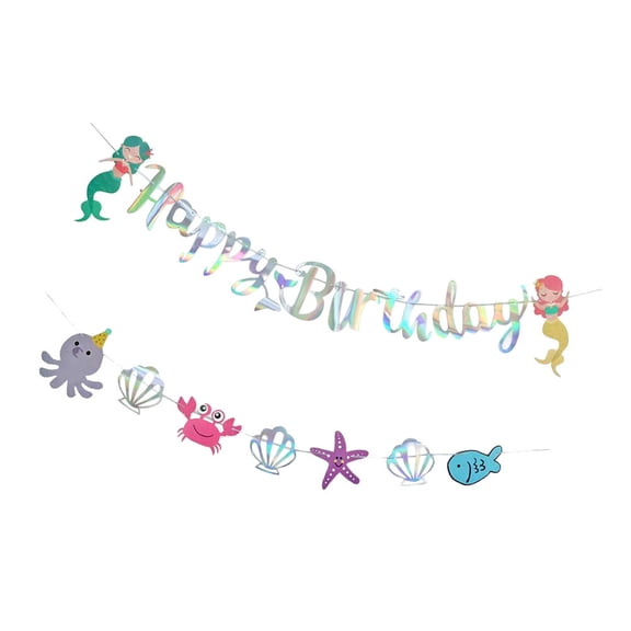 LITINKIMI Birthday Sign Banner Mermaid Theme Decorative Hanging Wall Decoration 2Pcs 39.4x7.9in