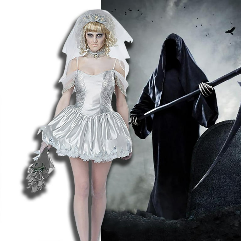 Plus Size Halloween Costumes for Women Women's White Dresses with Sleeves  Halloween Fear Cosplay Dark Angel Bride Costume Gothic Corset Dress