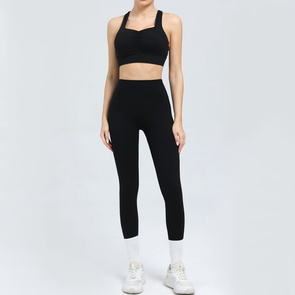SKQIT Women's 2 Piece Workout Set Ruched Longline Sports Bra & High Waisted Leggings Removable Pads Yoga Pilates Outfit