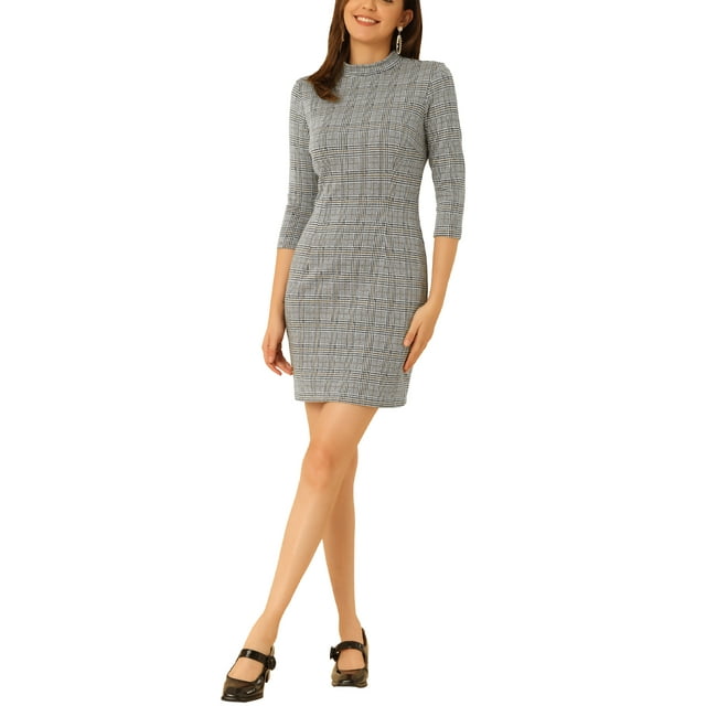 INSPIRE CHIC Vestido Vintage de Mujer con Manga 3/4 y Cuello Alto a Cuadros XS Negro Marrón