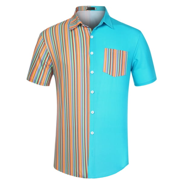 Lars Amadeus Camisa hawaiana de manga corta con botones y patchwork a rayas de verano para hombre Azul rojo XL