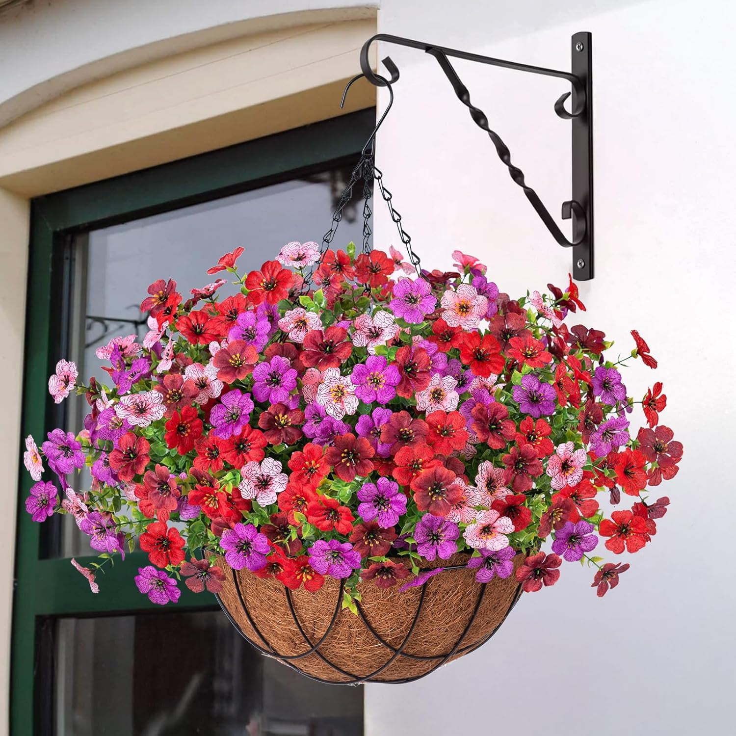 Artificial Fake Hanging Flowers Plants Baskets for Outdoor Spring Summer Decoration, Faux Silk Morning Glory in Planter UV Resistant Realistic for Home Outside Porch Patio Balcony Garden Yard