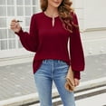 thumbnail image 5 of Olyvenn Womens Pleated Long Sleeve Dressy Casual Tops V Neck Puff Sleeve Shirt Keyhole Neck Blouse 2025 Shirts Wine S, 5 of 7