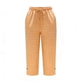 thumbnail image 5 of Gingham Capris for Women Petite Linen Cropped Pant Lightweight Dressy Casual Wide Leg Elastic Waist Summer Pull on Ladies Palazzo Capri Trouser with Pockets Orange XL, 5 of 6