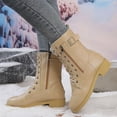 thumbnail image 3 of Lace up Winter Motorcycle Boots for Women Furry Lined Low Heel Side Zipper Mid Calf Combat Boots Waterproof Warm Snow Booties Brown Size 8.5, 3 of 8