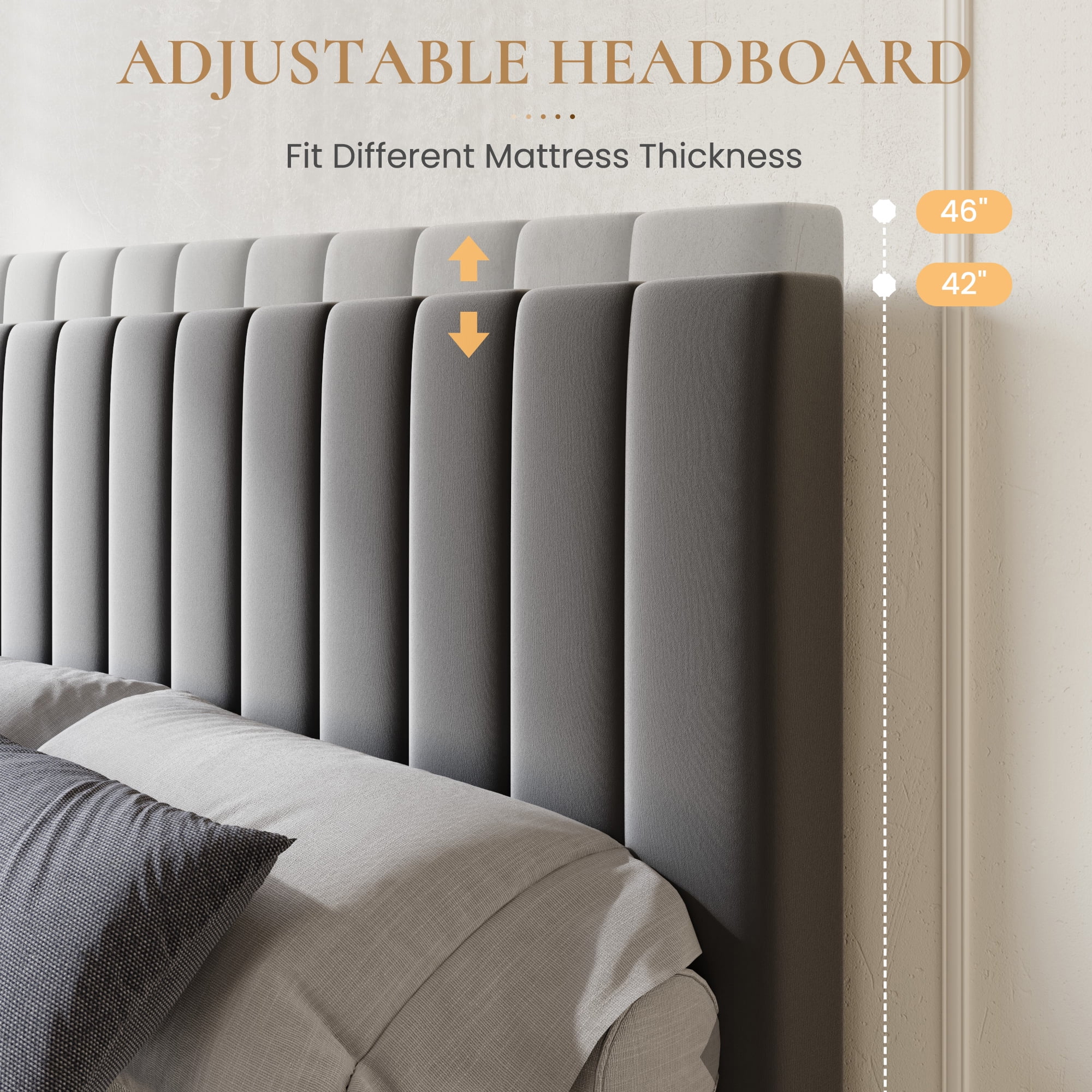 SHA CERLIN King Size Platform Bed Frame with 4 Storage Drawers, Vertical Channel Tufted Adjustable Headboard, Velvet Upholstered, Wooden Slats Support, No Box Spring Needed, Gray