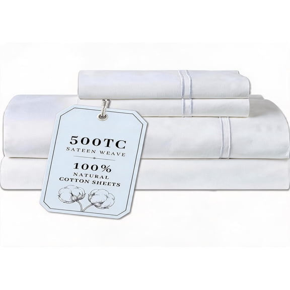 Queen Size 500 Thread Count Cotton Sateen Sheet Set White 4-Piece 18-Inch Deep Pocket