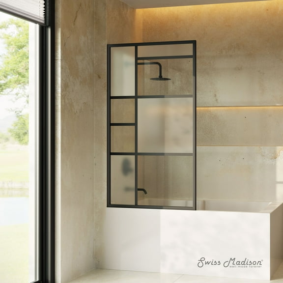 Leiden 34 x 58 Framed Fixed 3/8 in. (10mm) Frosted Tempered Glass Tub Door with Black Matte Frame