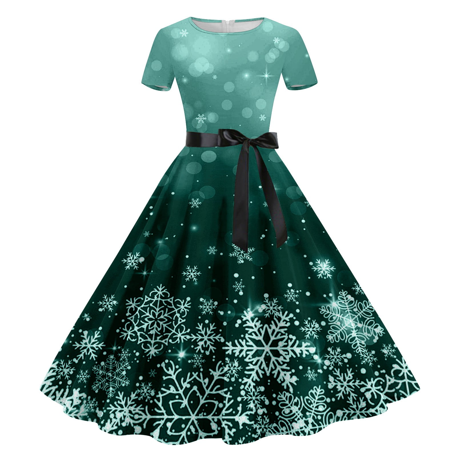 Babysbule Women's Dress 2024 Summer Womens Fashion Casual Christmas  Printing Short Sleeve Round Neck Knee-High Vintage Dress