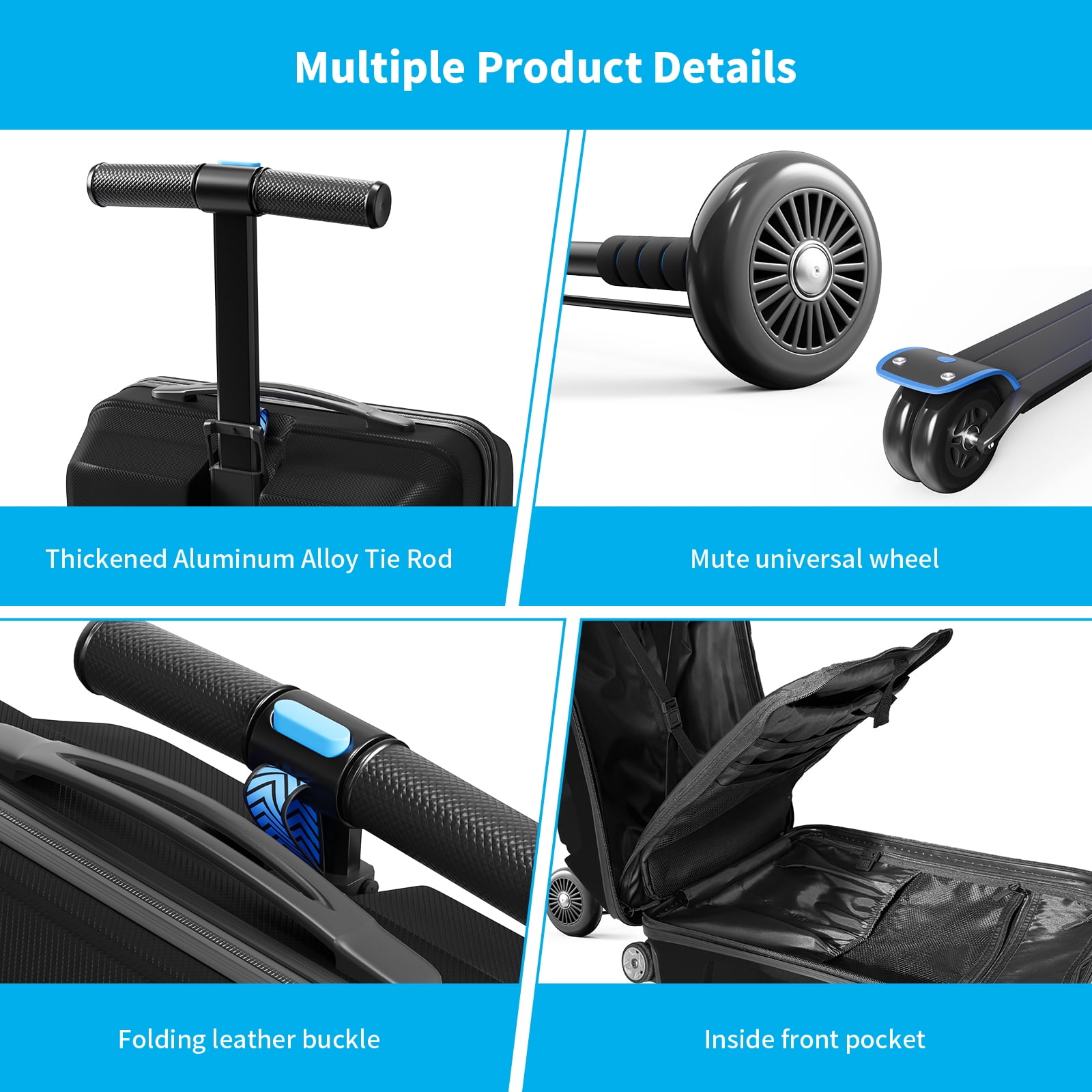 TABU Scooter Luggage for Kids & Adults, Ride on Suitcase with Wheels for Kids Ages 6-15,Black