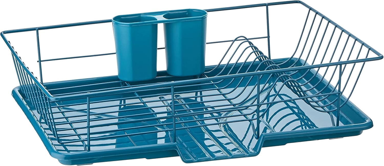 Metal, Plasic 3 Piece Dish Drainer Rack Set with Drying Board and Utensil Holder, 17" x 12" x 5", Beige