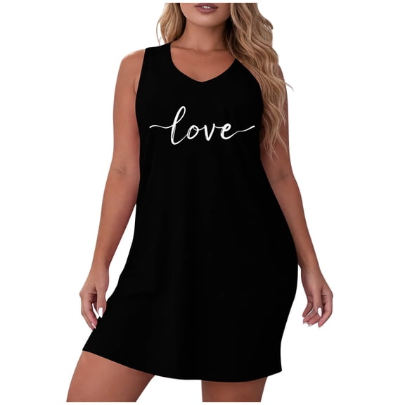Busydd Women Dresses Casual V Neck Sleeveless Sleep Dress Fashion Love Print Summer Dress S
