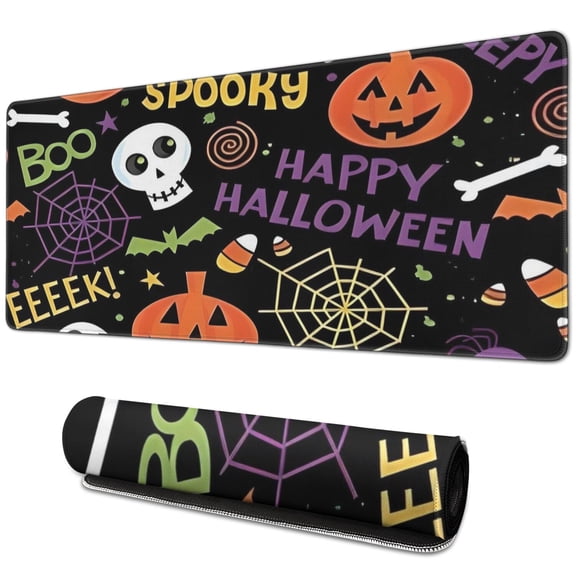 Long Mouse Pads for Desk,Halloween Spooky Words and Icons Pattern Desk Mats on Top Of Desks, Desk Mouse Pad Extra Large with 3mm Non-Slip Base and Stitched Edge for Gaming,Office,Work,Home 31.5x11.8in