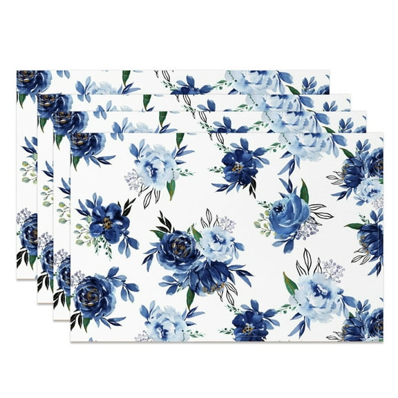 SUNOLIFE Blue Floral Placemats Watercolor Floral Table Mats Set of 4,Flowers Linen Fabric Mats for Dining Table Decorations 12x18 inch