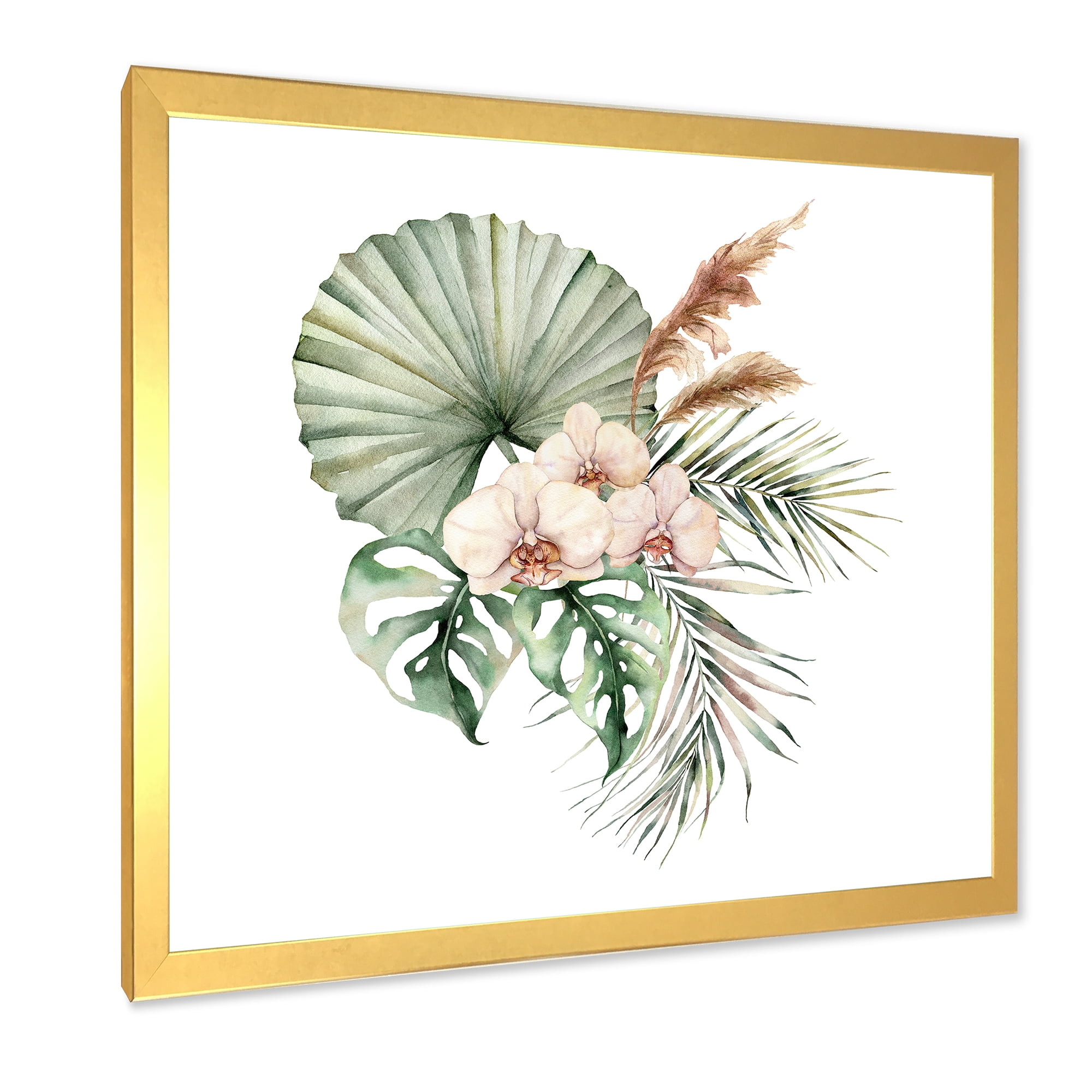Designart 'Tropical Bouquet With Palm Orchids Leaves' Traditional Framed Art Print
