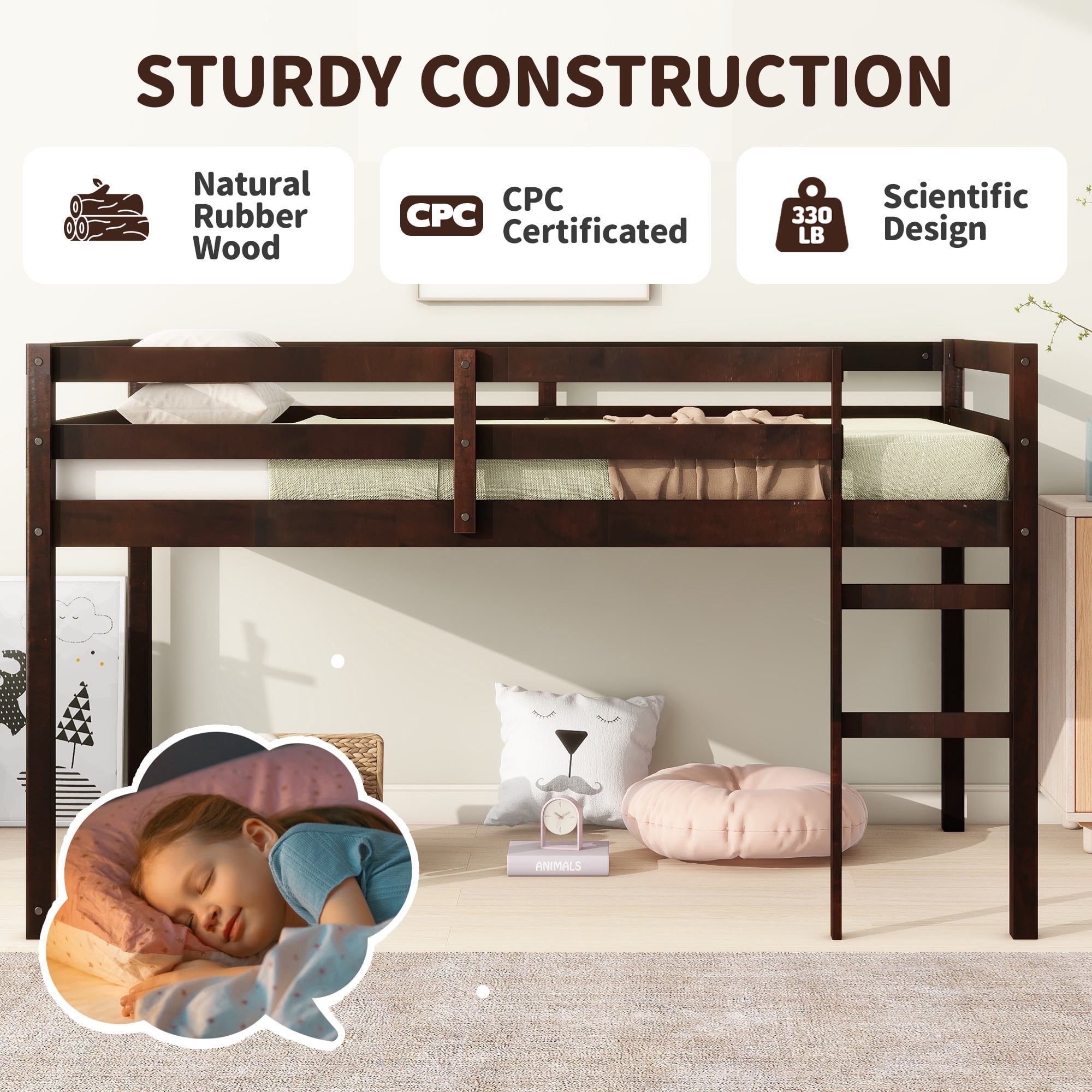 Alvantor Twin Size Kids Loft Bed with Stairs and Espresso Finish