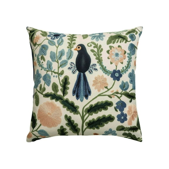 RKSupls Embroidered Floral Bird Pillow Covers, Spring Farmhouse Floral Linen Cushion Covers for Couch Bed Car, Bedroom Living Room Home Decor