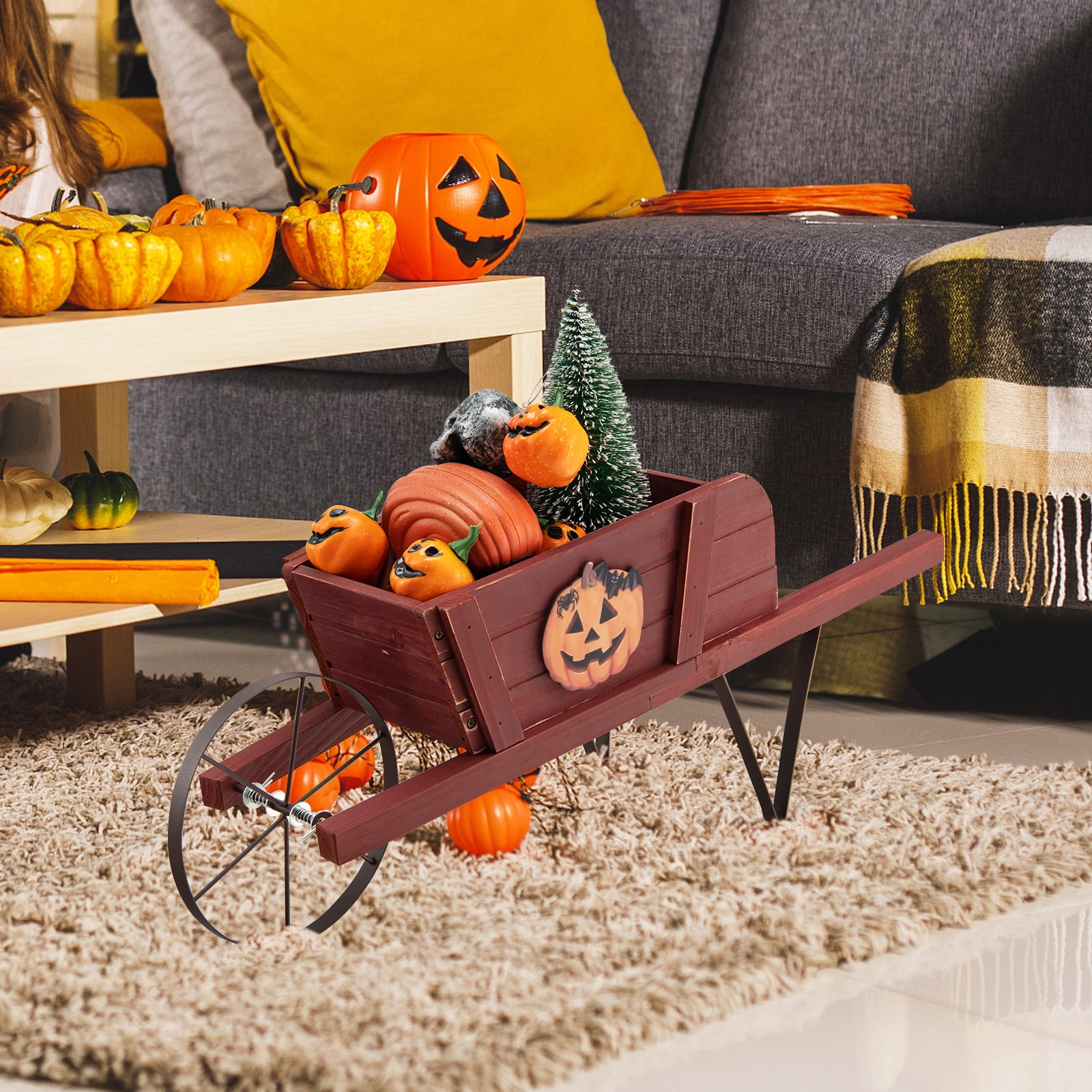 Topbuy Flower Pot Wheelbarrow Planter Solid Pine Wood Wagon Planter w/ Triangular Metal Support 2 Energy-saving Handles Movable Whee Red