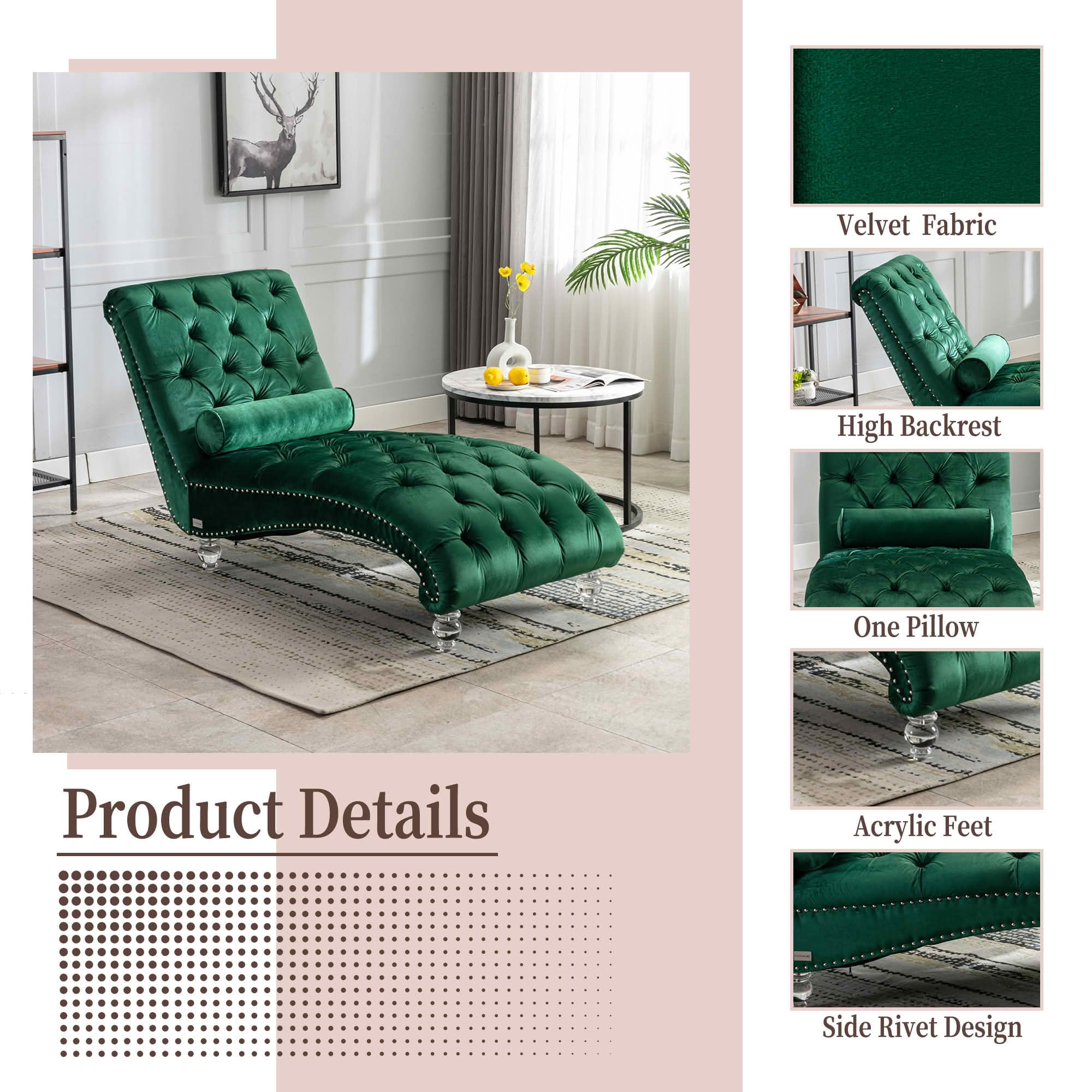 MAYEERTY Velvet Button Tufted Chaise Lounge with Pillow, Ergonomic S-Shape Indoor Lounge Chair with Wood Frame Acrylic Legs for Bedroom Living Room Office