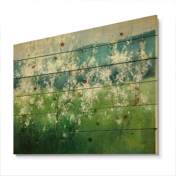 Designart 'Green Mountain Floral Spring' Cottage Print on Natural Pine Wood
