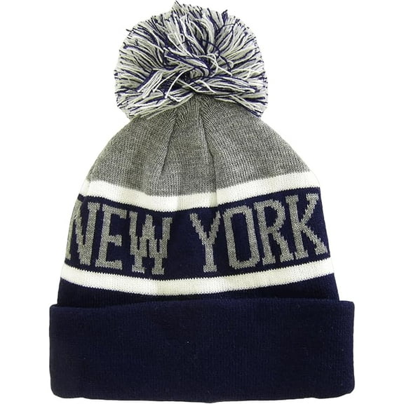 New York City Name Wide Stripe Winter Knit Pom Beanie Hat (Gray/Navy)